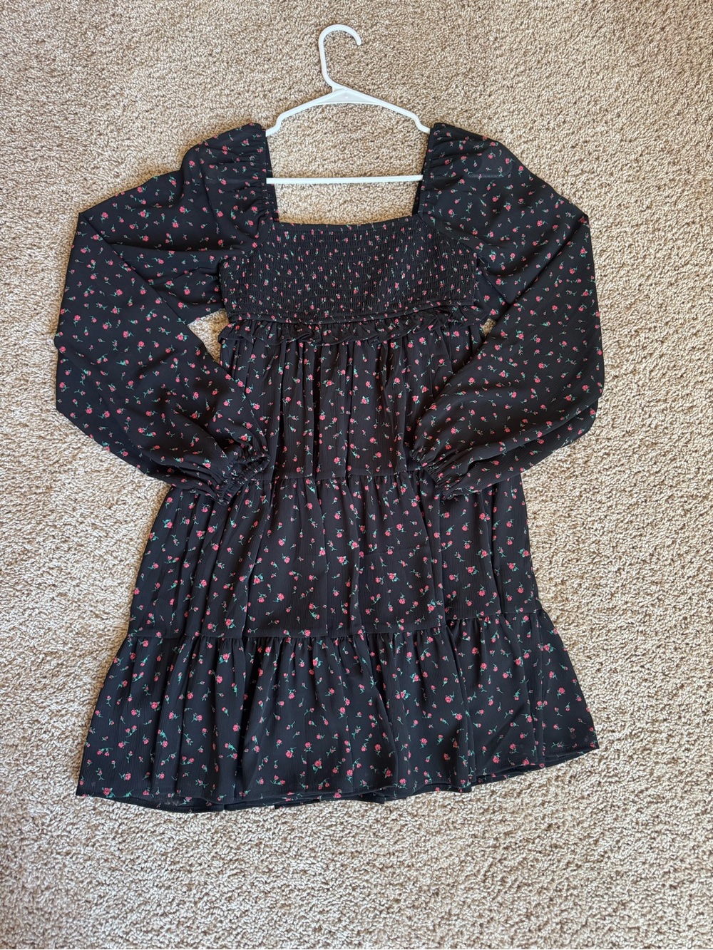 Black Floral Smocked Dress with Puff Sleeves